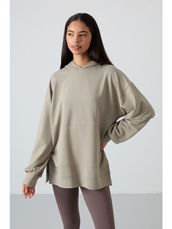 Tommylife Koyu Bej Balon Kol Yazı Nakışlı Kadın Oversize Tunik Sweatshirt - 97163