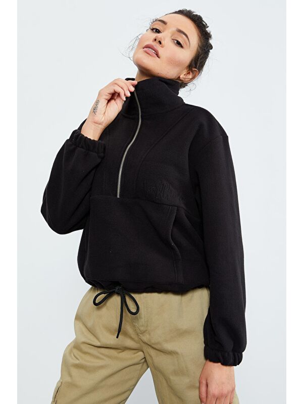 Tommylife Siyah Yarım Fermuar Etek Ucu Büzgülü Kadın Polar Oversize Sweatshirt - 97171