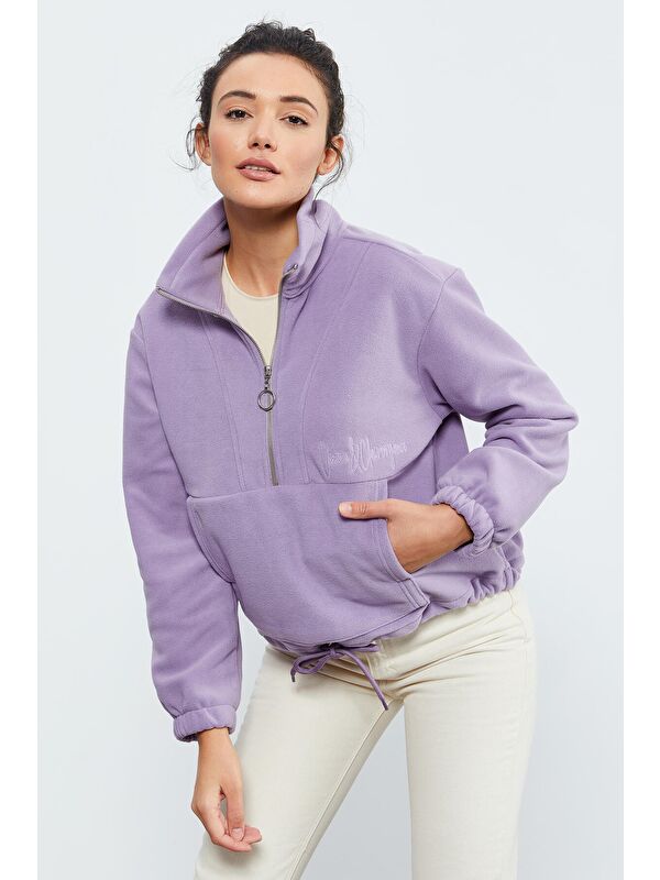 Tommylife Eflatun Yarım Fermuar Etek Ucu Büzgülü Kadın Polar Oversize Sweatshirt - 97171