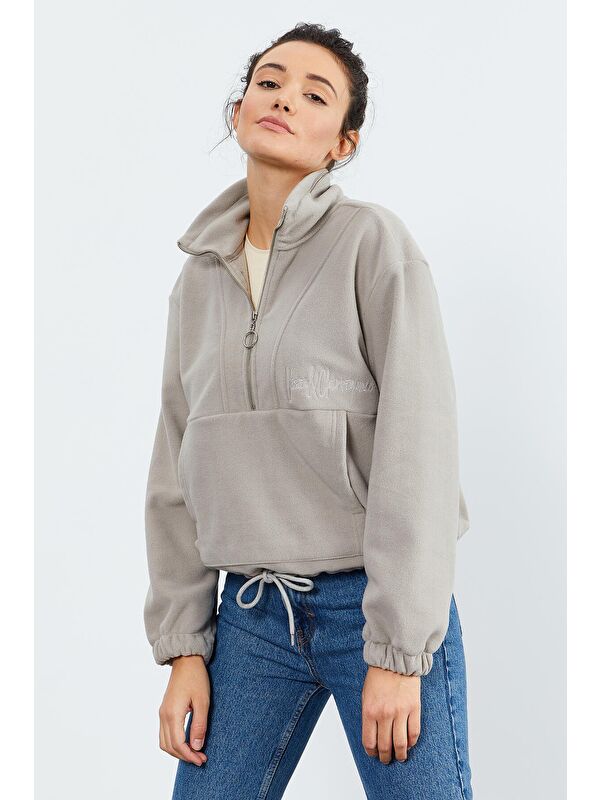 Tommylife Koyu Bej Yarım Fermuar Etek Ucu Büzgülü Kadın Polar Oversize Sweatshirt - 97171