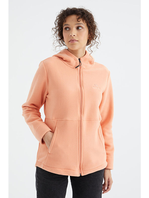 Tommylife Turuncu Kavun Içi Kapüşonlu Fermuarlı Rahat Form Kadın Polar Sweatshirt