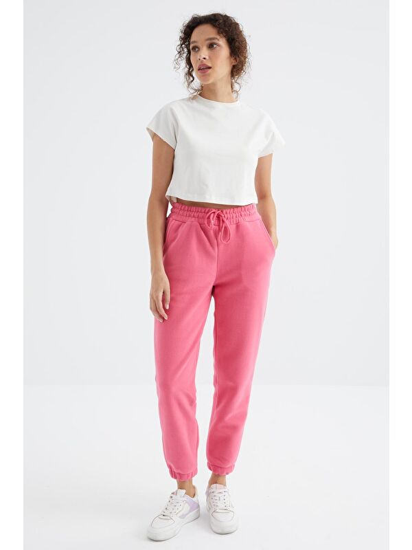 Tommylife Şeker Pembe Yüksek Bel Basic Bağcıklı Jogger Polar Kadın Eşofman Alt - 94622