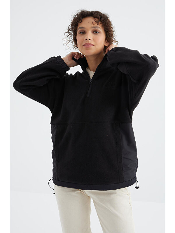 Tommylife Siyah Yarım Fermuar Etek Ucu Büzgülü Dik Yaka  Oversize Kadın Polar Sweatshirt - 97236