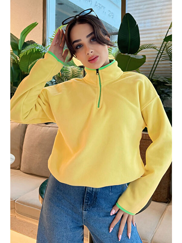Tommylife Limon Yarım Fermuar Etek Ucu Büzgülü Dik Yaka Oversize Kadın Polar Sweatshirt - 97234
