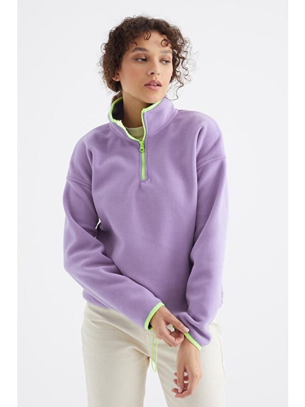 Tommylife Açık Eflatun Yarım Fermuar Etek Ucu Büzgülü Dik Yaka Oversize Kadın Polar Sweatshirt - 97234