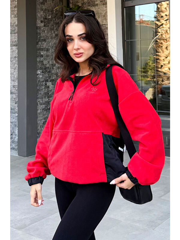 Tommylife Fiesta Yarım Fermuar Etek Ucu Büzgülü Dik Yaka  Oversize Kadın Polar Sweatshirt - 97236