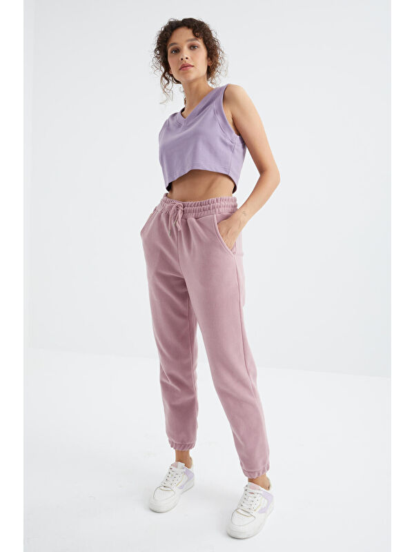 Tommylife Gül Kurusu Yüksek Bel Basic Bağcıklı Jogger Polar Kadın Eşofman Alt - 94622