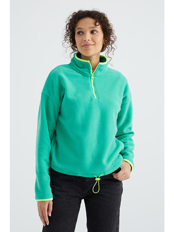 Tommylife Deniz Yeşili Yarım Fermuar Etek Ucu Büzgülü Dik Yaka Oversize Kadın Polar Sweatshirt - 97234