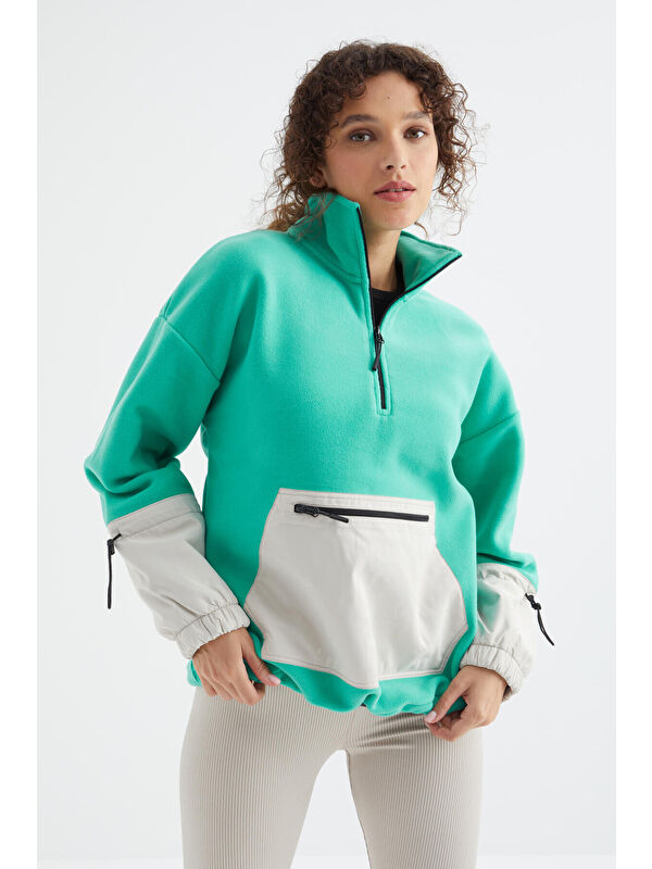 Tommylife Deniz Yeşili Etek Ucu Büzgülü Yarım Fermuarlı Oversize Kadın Polar Sweatshirt - 97238