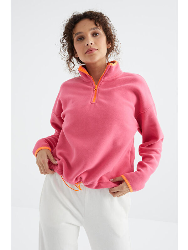 Tommylife Şeker Pembe Yarım Fermuar Etek Ucu Büzgülü Dik Yaka Oversize Kadın Polar Sweatshirt - 97234