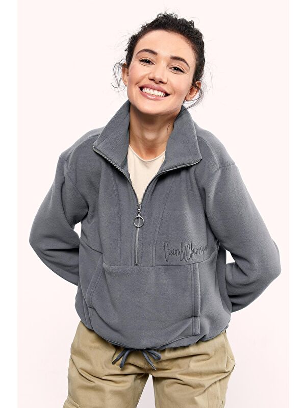 Tommylife Gri Melanj Yarım Fermuar Etek Ucu Büzgülü Kadın Polar Oversize Sweatshirt - 97171