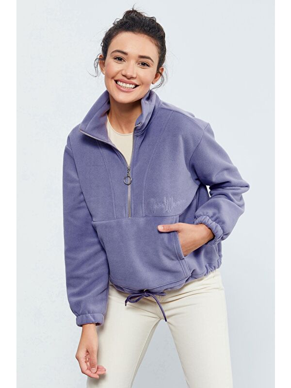 Tommylife Açık Eflatun Yarım Fermuar Etek Ucu Büzgülü Kadın Polar Oversize Sweatshirt - 97171