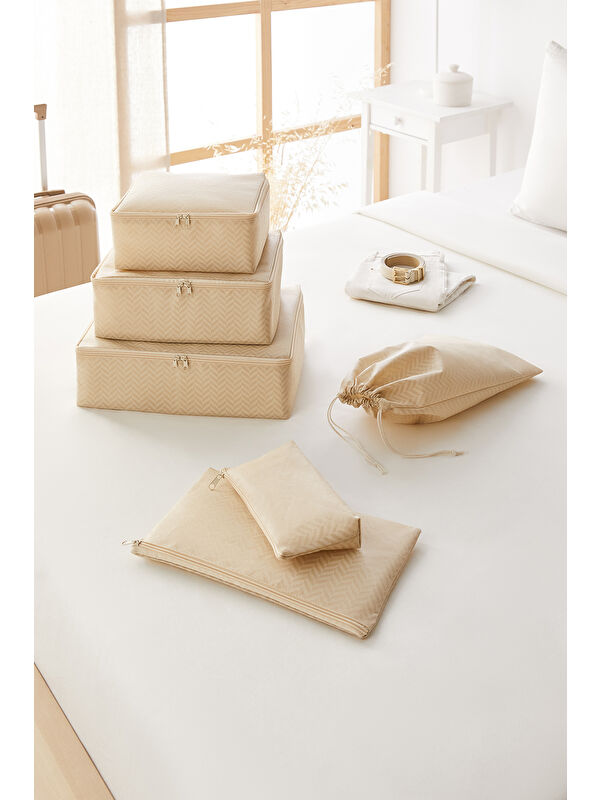 Ocean Home Textile 6'lı Bej Balıksırtı Bavul İçi Düzenleyici Set