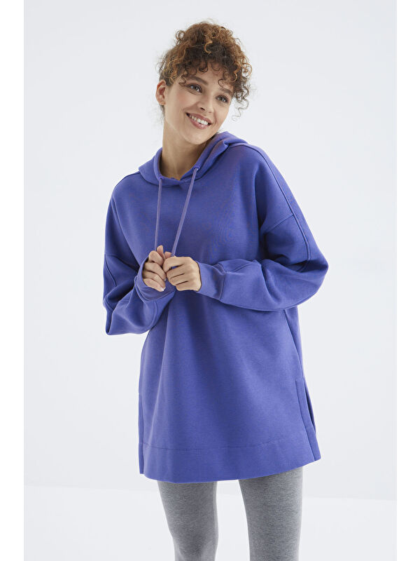 Tommylife Eflatun Reglan Kol Basic Kapüşonlu Oversize Tunik - 97242