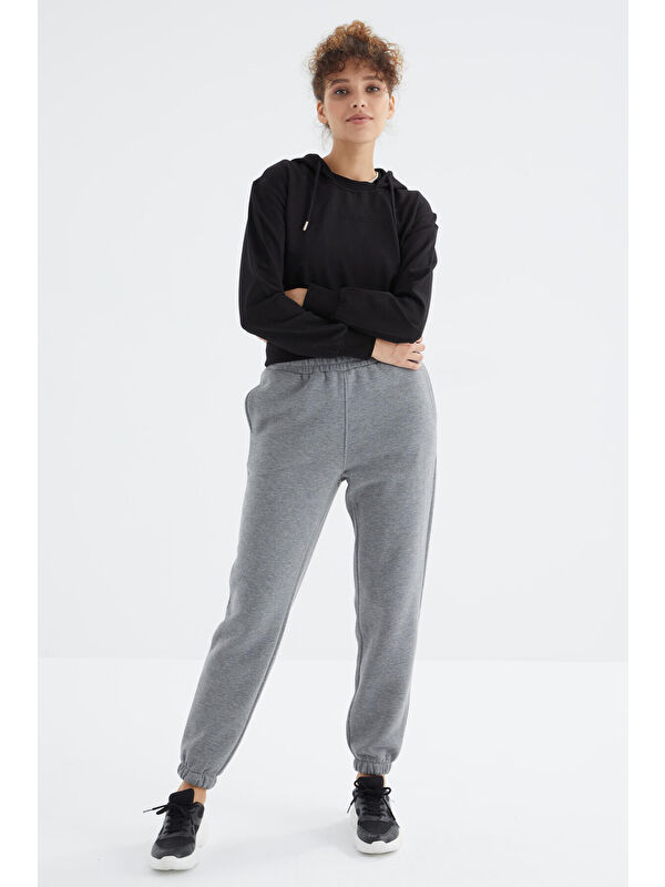 Tommylife Gri Melanj Yüksek Bel Rahat Form Basic Jogger Kadın Eşofman Alt - 94624