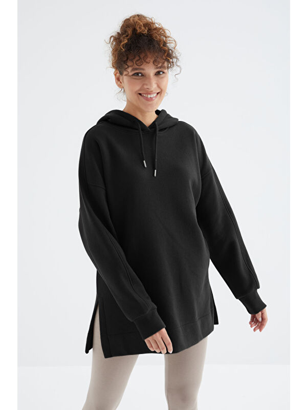 Tommylife Siyah Reglan Kol Basic Kapüşonlu Oversize Tunik - 97242