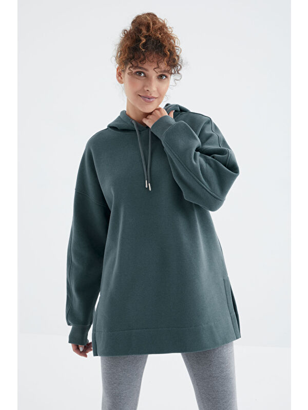 Tommylife Orman Yeşili Reglan Kol Basic Kapüşonlu Oversize Tunik - 97242