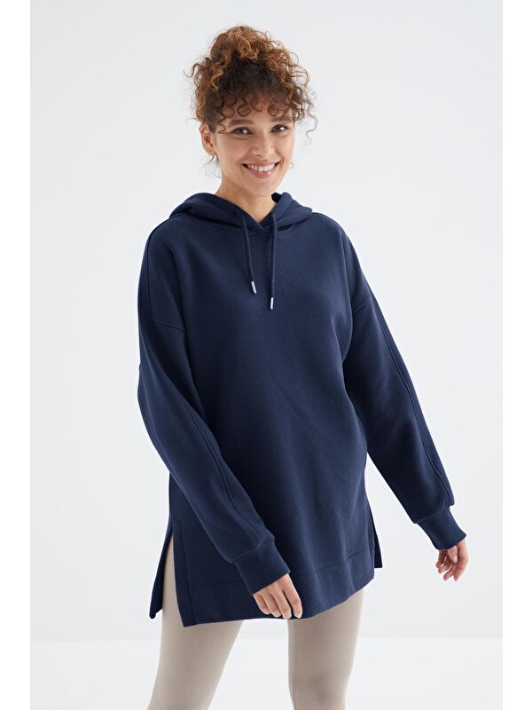 Tommylife İndigo Reglan Kol Basic Kapüşonlu Oversize Tunik - 97242