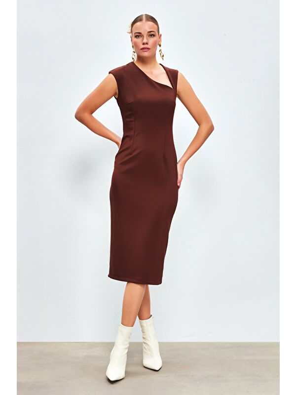 SATEEN Asimetrik Midi Boy Elbise - Kahve