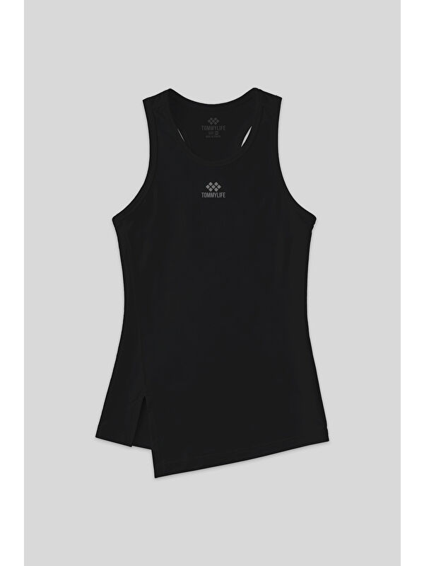 Tommylife Siyah Yırtmaç Detaylı O Yaka Sıfır Kollu Standart Kalıp Kadın Spor Atlet - 97256