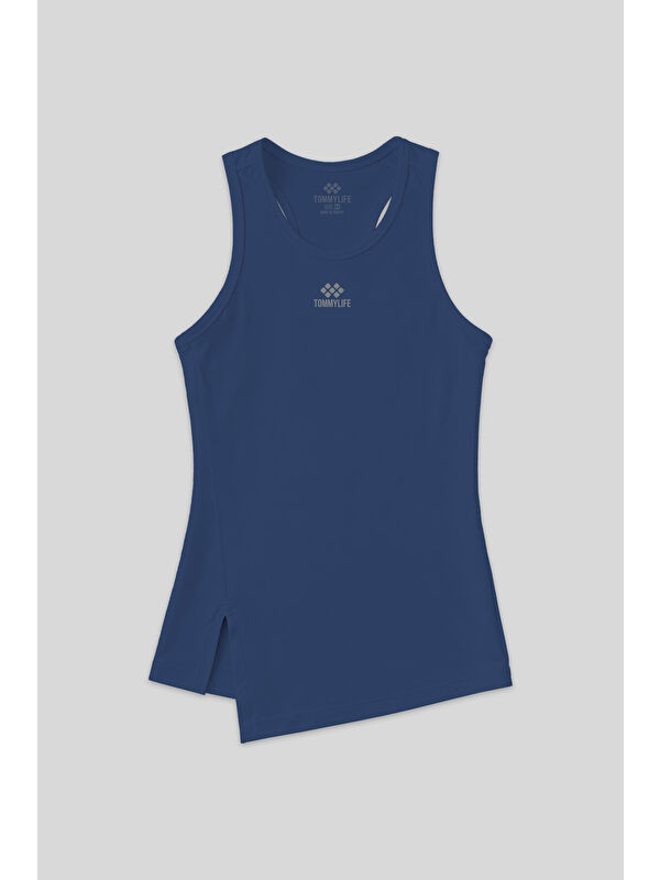 Tommylife İndigo Yırtmaç Detaylı O Yaka Sıfır Kollu Standart Kalıp Kadın Spor Atlet - 97256