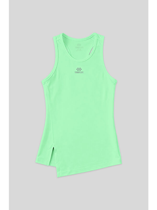 Tommylife Neon Yeşil Yırtmaç Detaylı O Yaka Sıfır Kollu Standart Kalıp Kadın Spor Atlet - 97256