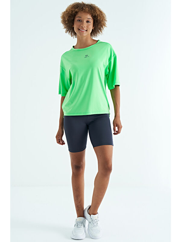 Tommylife Neon Yeşil O Yaka Baskı Detaylı Oversize Kısa Kol Kadın Tişört - 97263