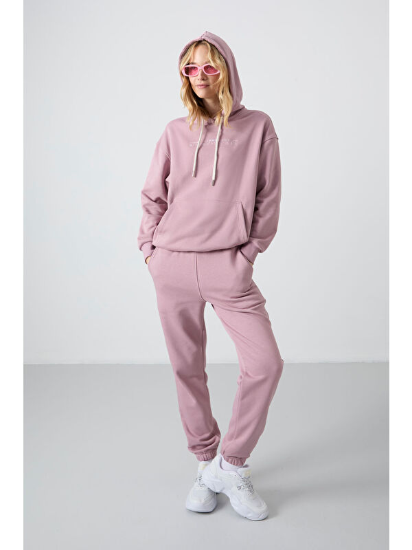 Tommylife Gül Kurusu Kapüşonlu Kanguru Cep Oversize Lastik Paça Kadın Eşofman Takımı - 95288