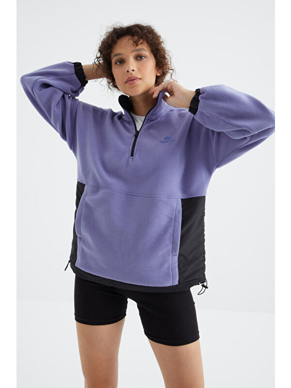 Tommylife Açık Eflatun Yarım Fermuar Etek Ucu Büzgülü Dik Yaka  Oversize Kadın Polar Sweatshirt - 97236