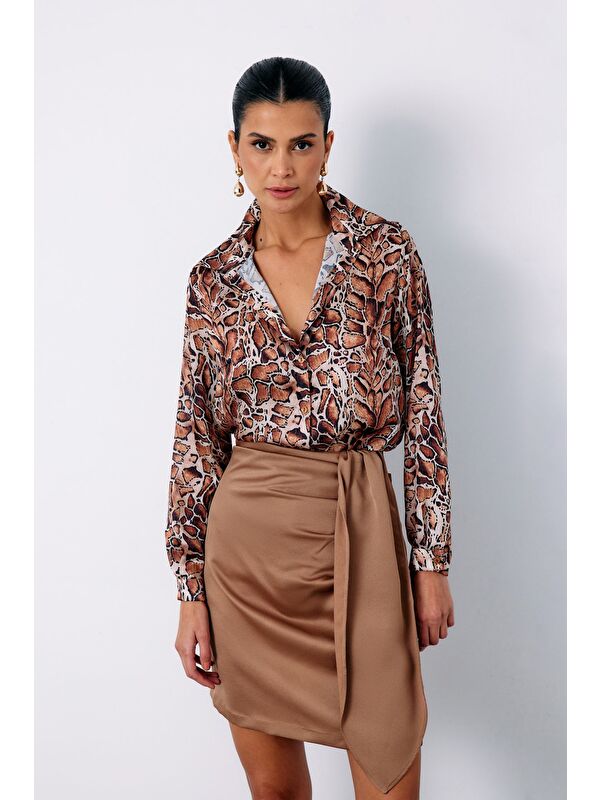 SATEEN Leopar Desenli Klasik Gömlek - Taba