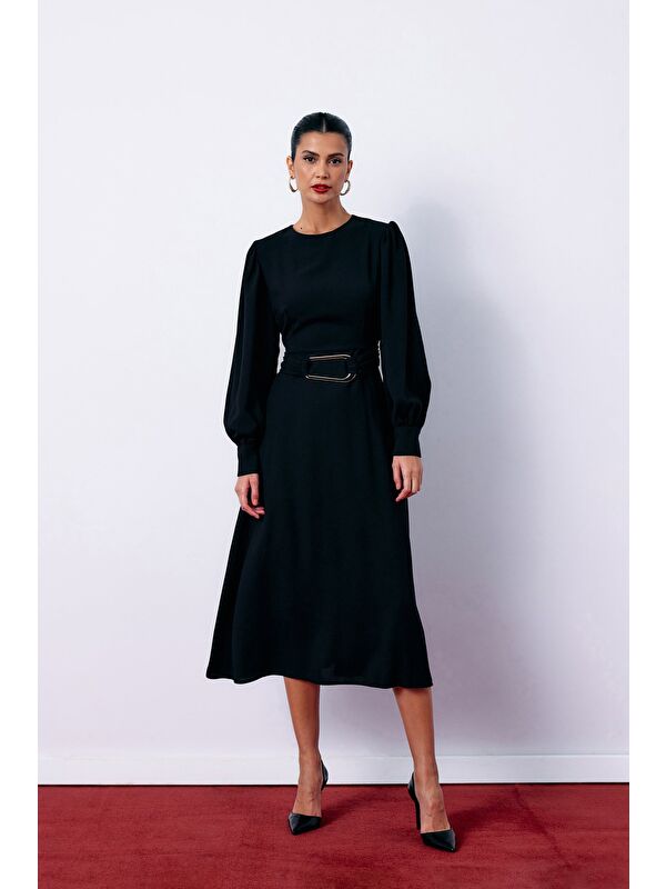 SATEEN Kemerli Midi Elbise - Siyah