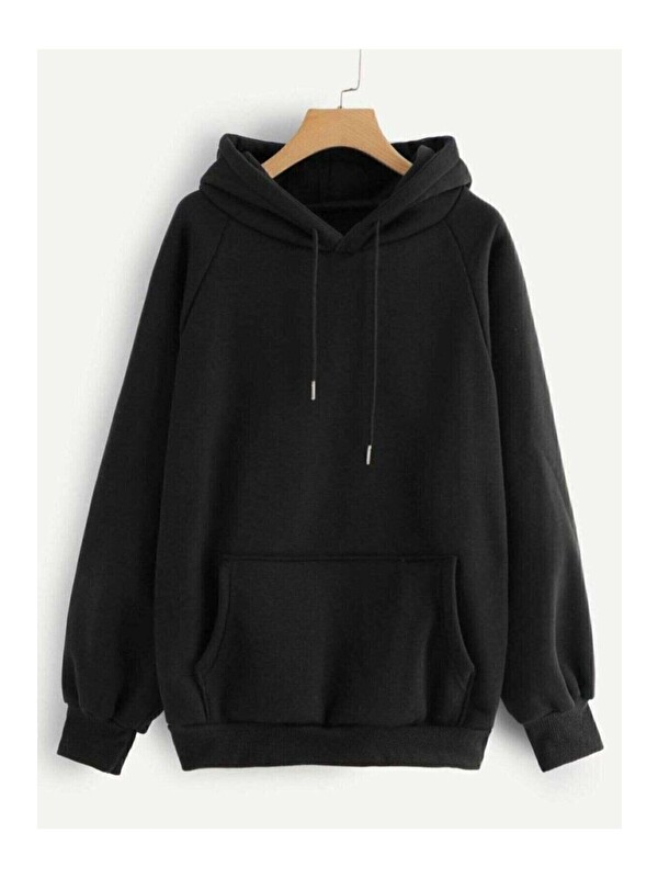 Trendseninle Siyah Kapüşonlu  Baskısız Sweatshirt