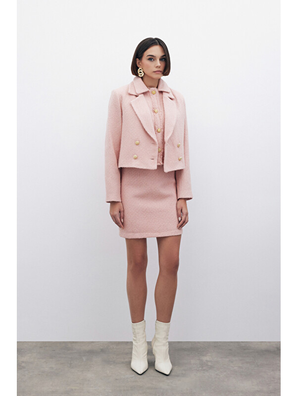 SATEEN Simli Mini Tüvit Etek - Pudra