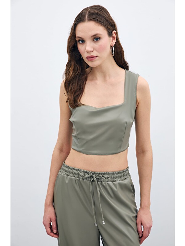 SATEEN Kare Yaka Deri Crop - Çağla Yeşili