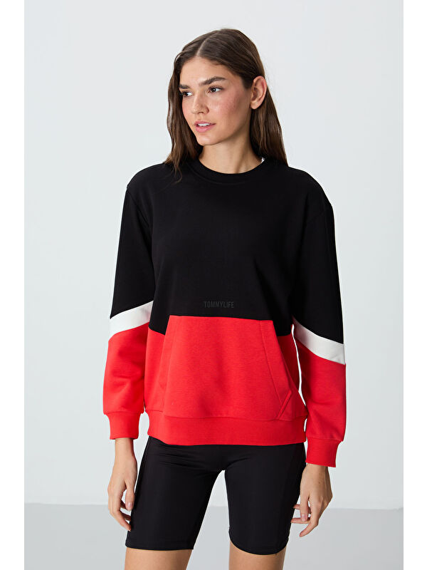 Tommylife Siyah Kompakt Pamuklu Kalın Pürüzsüz Dokulu O Yaka Oversize Fit Kadın Sweatshirt - 97289