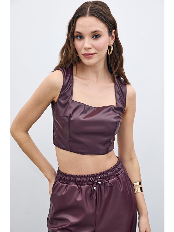 SATEEN Kare Yaka Deri Crop - Bordo