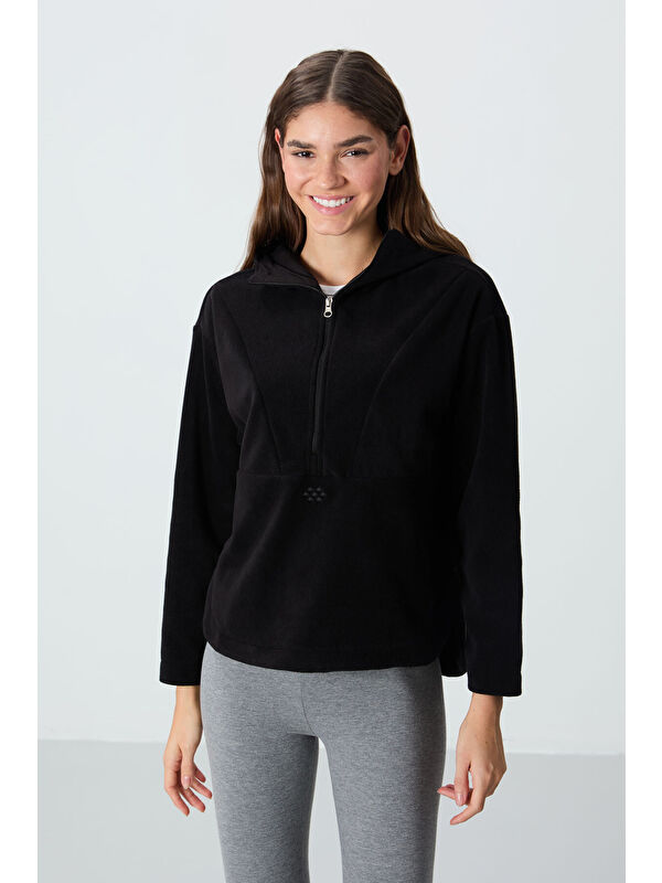 Tommylife Siyah Kalın Yumuşak Dokulu Kapüşonlu Oversize Nakışlı Polar Kadın Sweatshirt  97286