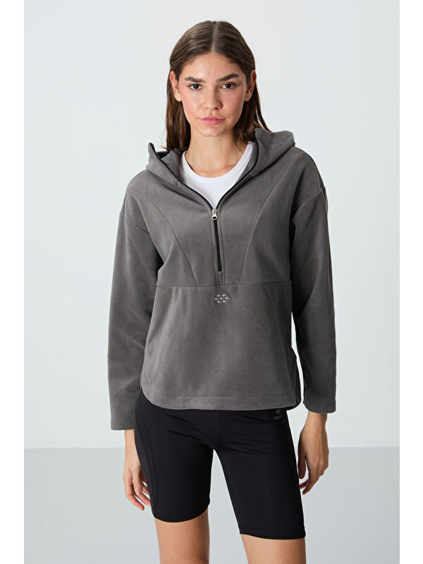 Tommylife Koyu Gri Kalın Yumuşak Dokulu Kapüşonlu Oversize Nakışlı Polar Kadın Sweatshirt  97286