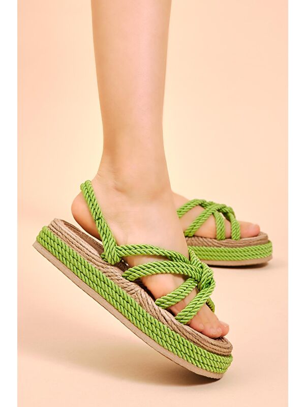 Kadın Yeşil Rahat Kalıp Çapraz Bantlı Yüksek Taban Halat Terlik - Görsel 2
