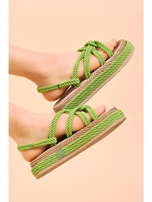 Kadın Yeşil Rahat Kalıp Çapraz Bantlı Yüksek Taban Halat Terlik - Görsel 4