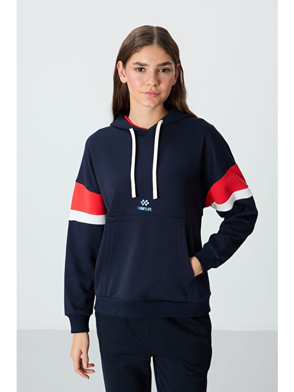 Tommylife İndigo Kompakt Pamuklu Kalın Pürüzsüz Dokulu Kapüşonlu Oversize Fit Kadın Sweatshirt   97290