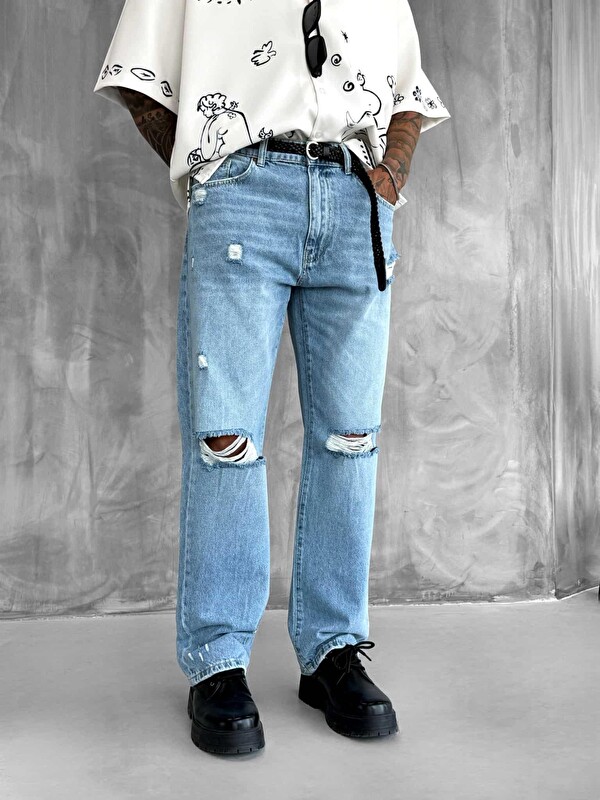 Abluka Online Erkek Yırtık Detaylı Baggy Fit Jean Açık Mavi