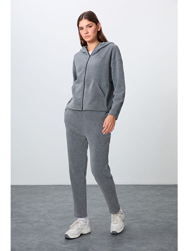 Tommylife Gri Melanj Kalın Yumuşak Dokulu Kapüşonlu Oversize Nakışlı Polar Kadın Eşofman Takım  95338