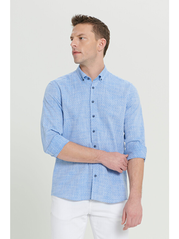 AC&Co / Altınyıldız Classics Erkek Mavi Slim Fit Dar Kesim %100 Pamuk Armürlü Düğmeli Yaka Casual Gömlek