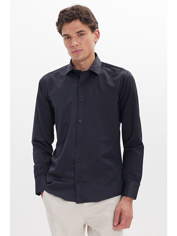 TUDORS Erkek Modern Slim Fit Düz Saten Pamuklu Lacivert Gömlek