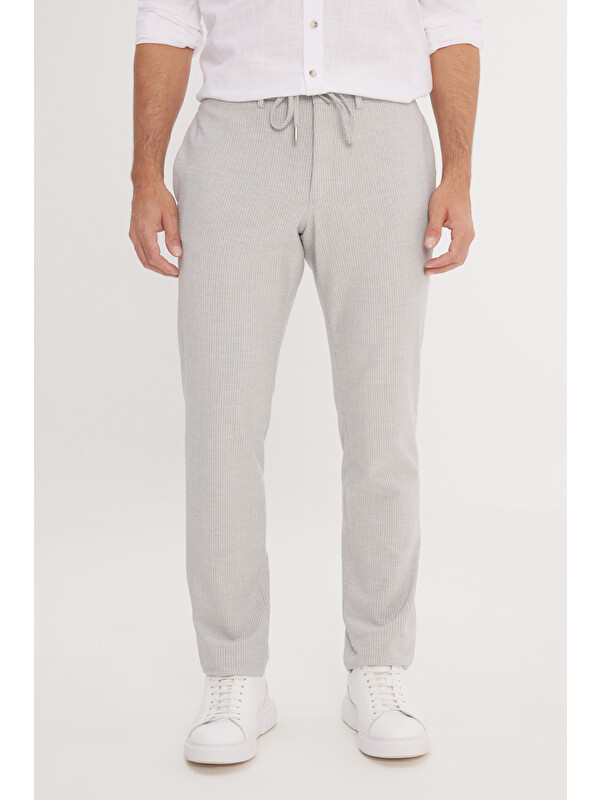 AC&Co / Altınyıldız Classics Erkek Beyaz-Gri Comfort Fit Rahat Kesim Yan Cepli Desenli Beli Lastikli Pantolon
