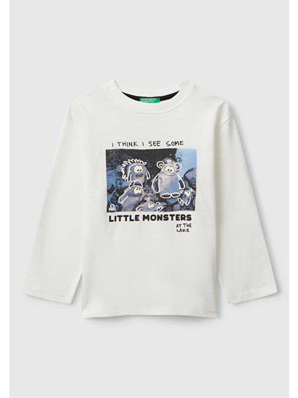 United Colors Of Benetton Erkek Çocuk Ekru Kabarık Baskılı Bisiklet Yaka Uzun Kollu Jarse T-shirt
