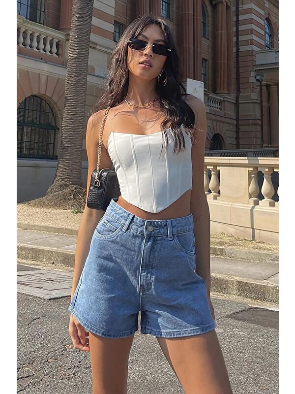 Madmext Mavi Yüksek Bel Geniş Kesim Jean Şort Mg1748