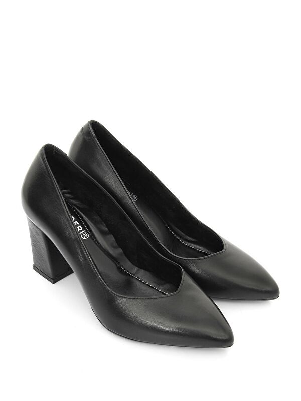 SİYAH Hakiki Deri Sivri Burun Yüksek Kalın Topuklu Kadın Ayakkabı 24171 - Görsel 3