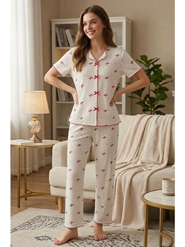 Fullamoda Fiyonk ve Puantiye Desenli V Yaka Pijama Takımı